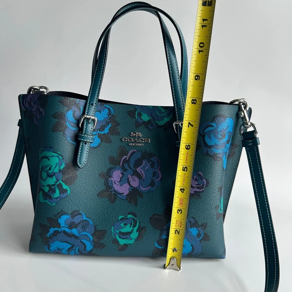 Coach Mollie Tote 25 Teal Jumbo Floral Pebbled Leather Bag CF328 Excellent